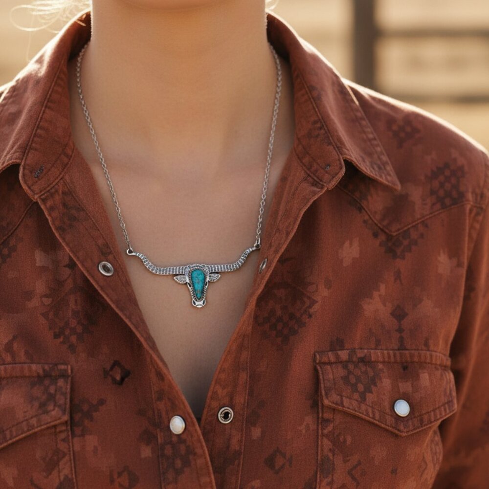 Turquoise Longhorn Skull Necklace | Western Cowgirl Jewelry